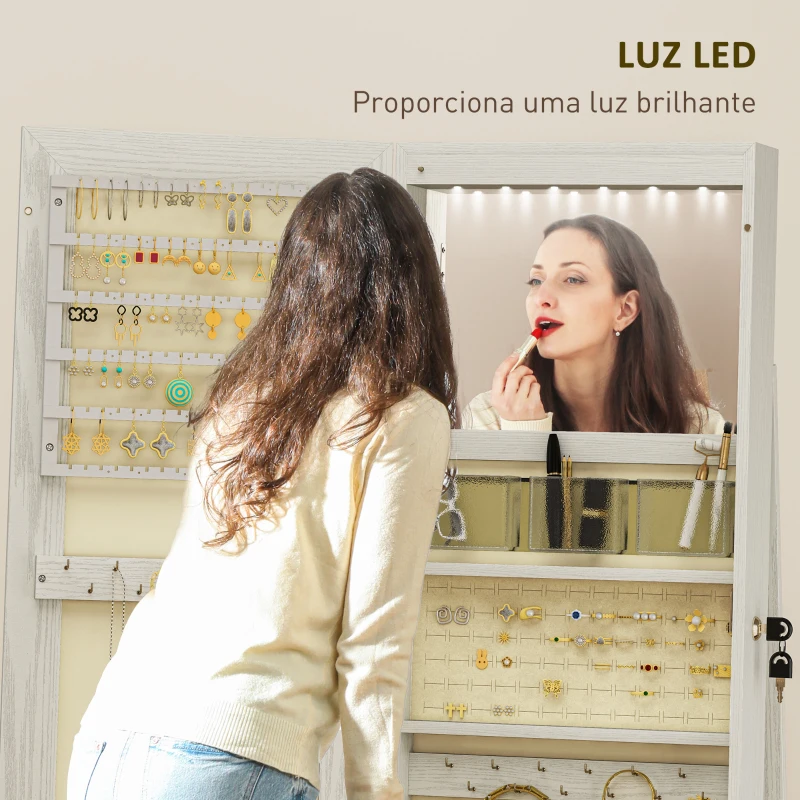 HOMCOM Joalheiro de Pé Armário para Joias com 6 Luzes LED Fechadura Prateleiras Suportes para Anéis 38x38x157 cm Branco e Bege