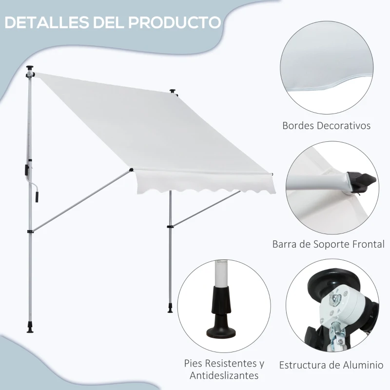 Outsunny Toldo Manual Retráctil 200x150x170-280 cm para Balcón y Terraza con Altura Ajustable con Manivela Blanco