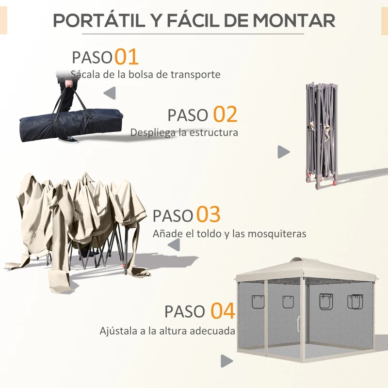 Outsunny Cenador de Jardín 3x3 m con Pared Lateral de Malla 6 Ventanas Altura Ajustable en 3 Niveles Protección Rayos UV30+ Beige