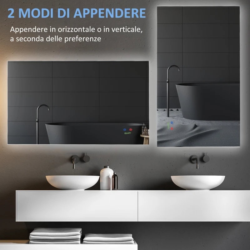 kleankin Specchio Bagno con Luce LED, Sistema Anti-Appannamento e Tasti Touch, 90x60cm, Argento