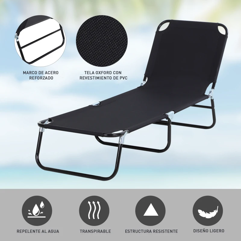 Outsunny Tumbona Plegable Reclinable con Ángulo Ajustable de 5 Posiciones para Jardín Exterior Piscina Terraza Camping Carga 120 kg 188x56x28 cm Negro
