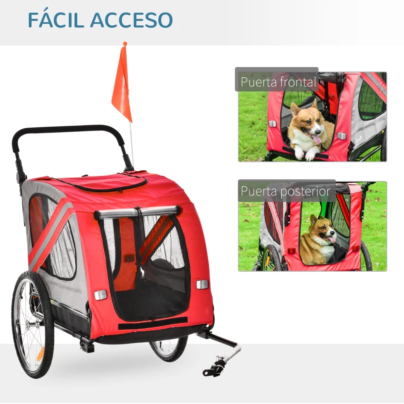 PawHut Remolque de Bicicleta para Perros 2 en 1 con Puertas Enrollables Cinturón de Seguridad Carga 30 kg 140x72,5x108 cm Rojo