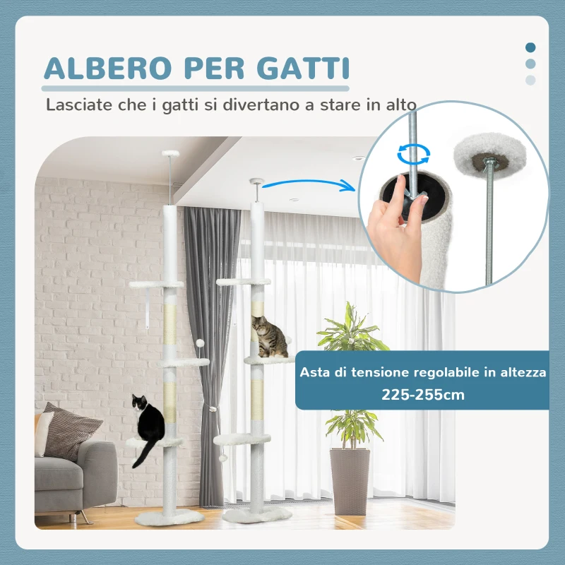 PawHut Albero per Gatti a Soffitto con Altezza Regolabile e Pali Tiragraffi in Sisal, 48x32x225-255 cm, Bianco