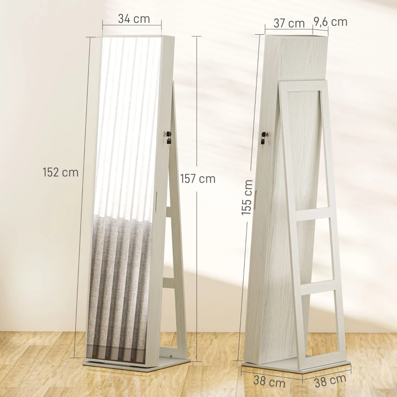 HOMCOM Joalheiro de Pé Armário para Joias com 6 Luzes LED Fechadura Prateleiras Suportes para Anéis 38x38x157 cm Branco e Bege
