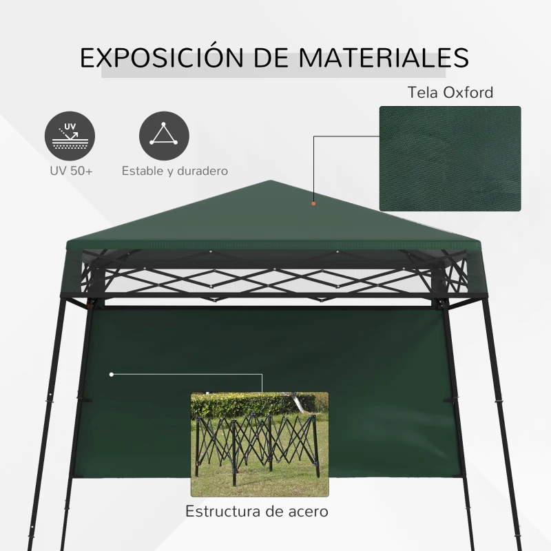 Outsunny Cenador Plegable 220x220x200 cm con 1 Pared Lateral Bolsa de Transporte Impermeable y Protección UV50+ Verde