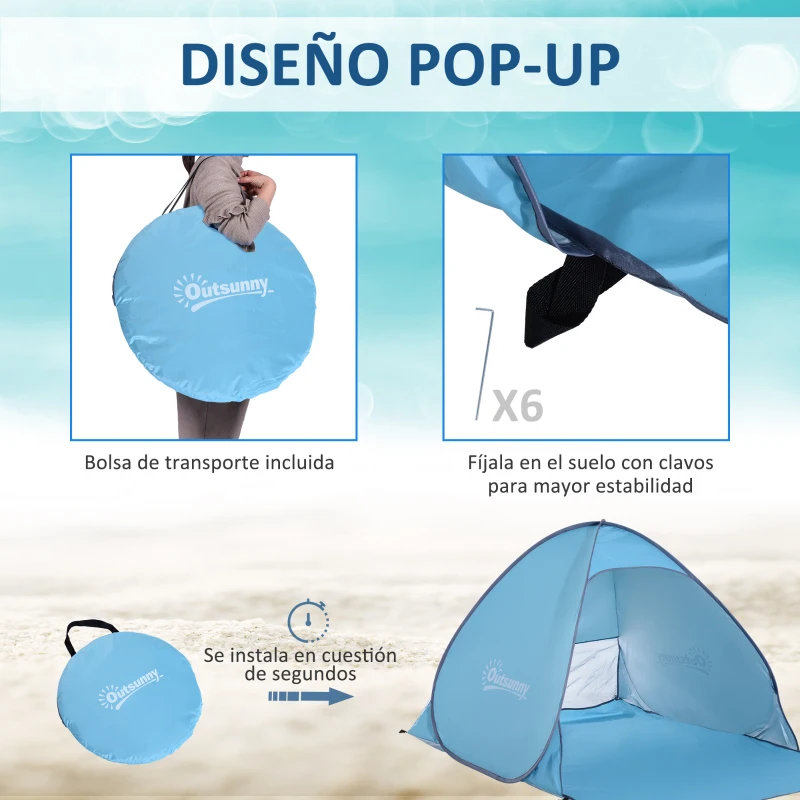 Outsunny Tienda de Playa para 2-3 Personas Pop-Up con Ventanas tipo Refugio con Protección Solar UV 200x150x119 cm Azul