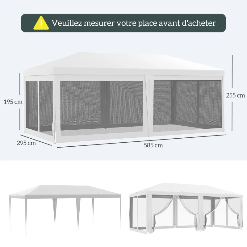 Outsunny Carpa de Jardín 6x3 m con 6 Mosquiteras Laterales 2 Puertas con Cremallera para Terraza Patio Blanco