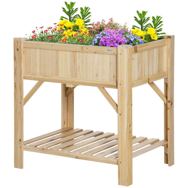 Outsunny Huerto Urbano de Madera  78,5x58x81 cm Mesa de Cultivo con 6 Compartimentos y Estante Inferior para Plantas Flores en Jardín Terraza Exterior Color Natural