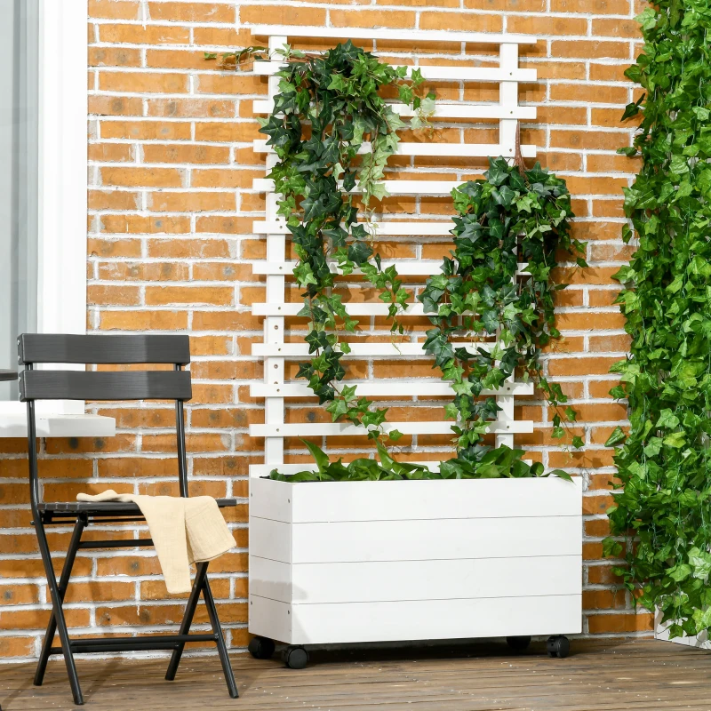 Outsunny Jardinera con Enrejado de Madera Maciza Soporte con 4 Ruedas Celosía y Malla Geotextil 76x30x155 cm Blanco