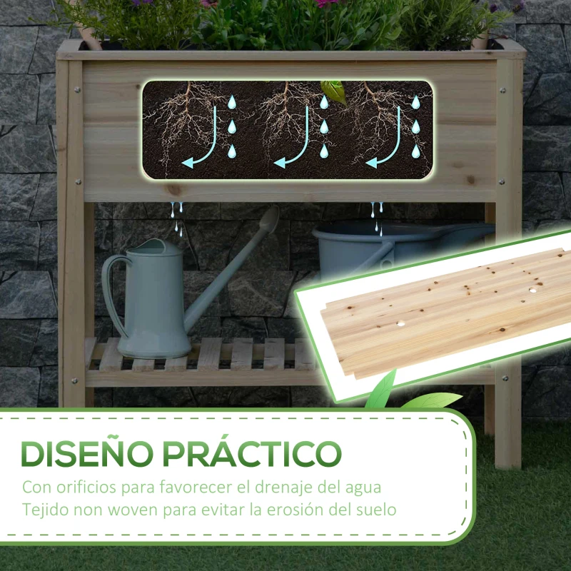Outsunny Huerto Urbano Elevado con Estante de Madera con Tela no Tejida para Cultivos Plantas Flores Jardín 90x40x81 cm Natural