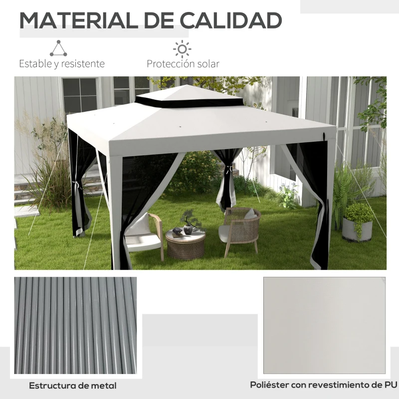 Outsunny Carpa de Jardín 3x3 m Cenador Gazebo con 4 Mosquiteras Laterales Techo Doble 8 Orificios de Drenaje Marco de Metal Gris
