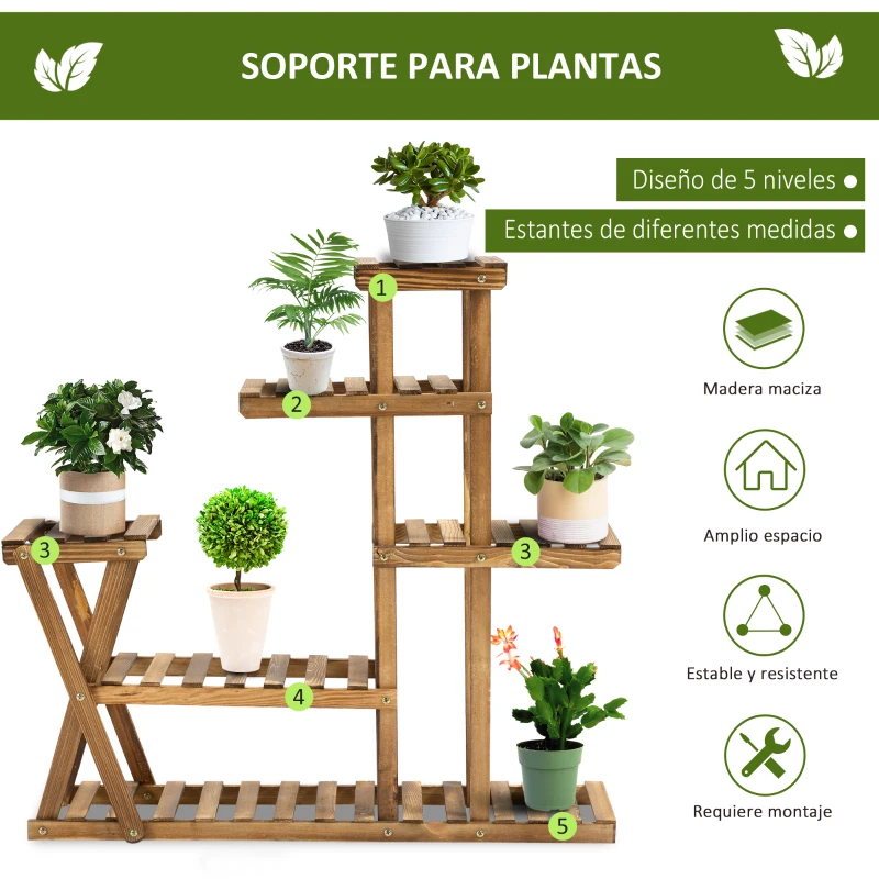 Outsunny Estantería para Plantas con Pies de Madera con 5 Niveles Carga 60 kg para Interior y Exterior 98x28x95 cm Carbonizado