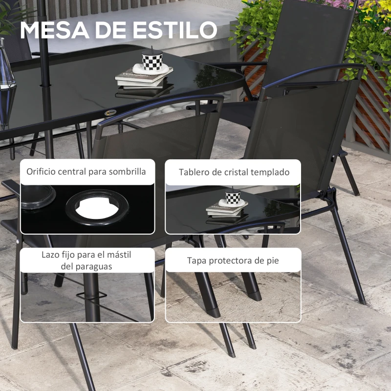 Outsunny Juego de Comedor de Jardín de 8 Piezas con 1 Mesa de Cristal 6 Sillas Plegables y 1 Sombrilla para Terraza Patio Negro
