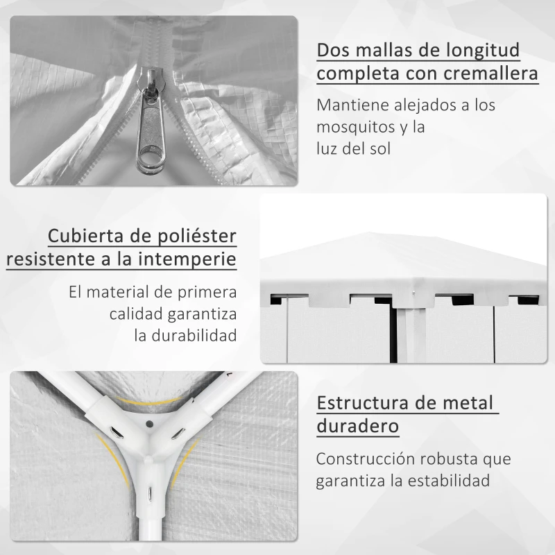 Outsunny Cenador Exterior 4x3 m con 4 Mosquiteras Laterales 2 Puertas con Cremallera y 6 Orificios de Drenaje Blanco y Negro