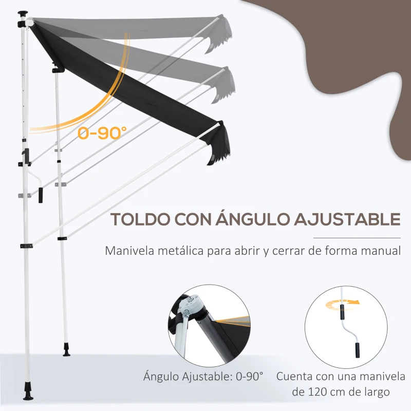 Outsunny Toldo Manual Retráctil 200x150x170-280 cm para Balcón y Terraza con Altura Ajustable con Manivela Gris