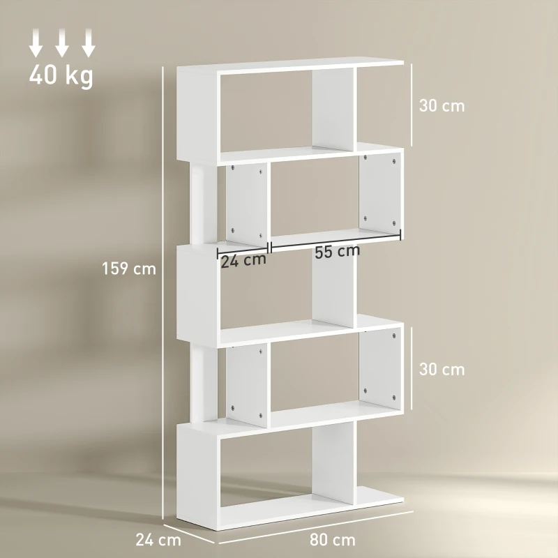 HOMCOM Libreria Asimmetrica a S a 5 Livelli con 10 Ripiani Aperti, in Legno, 80x24x159 cm, Bianco
