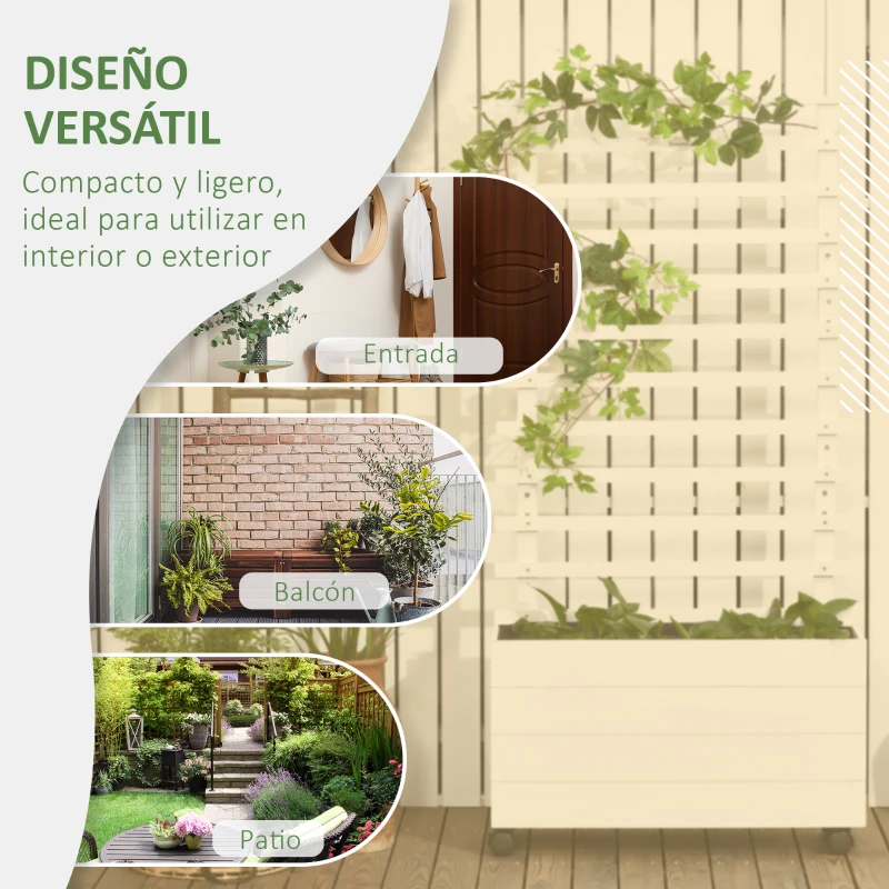 Outsunny Jardinera con Enrejado de Madera Maciza Soporte con 4 Ruedas Celosía y Malla Geotextil 76x30x155 cm Blanco