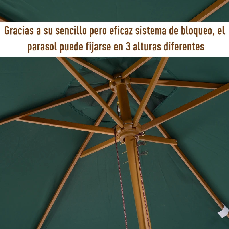 Outsunny Sombrilla Parasol de Madera Ø250x230cm para Exterior con 6 Varillas Sistema de Polea Color Verde