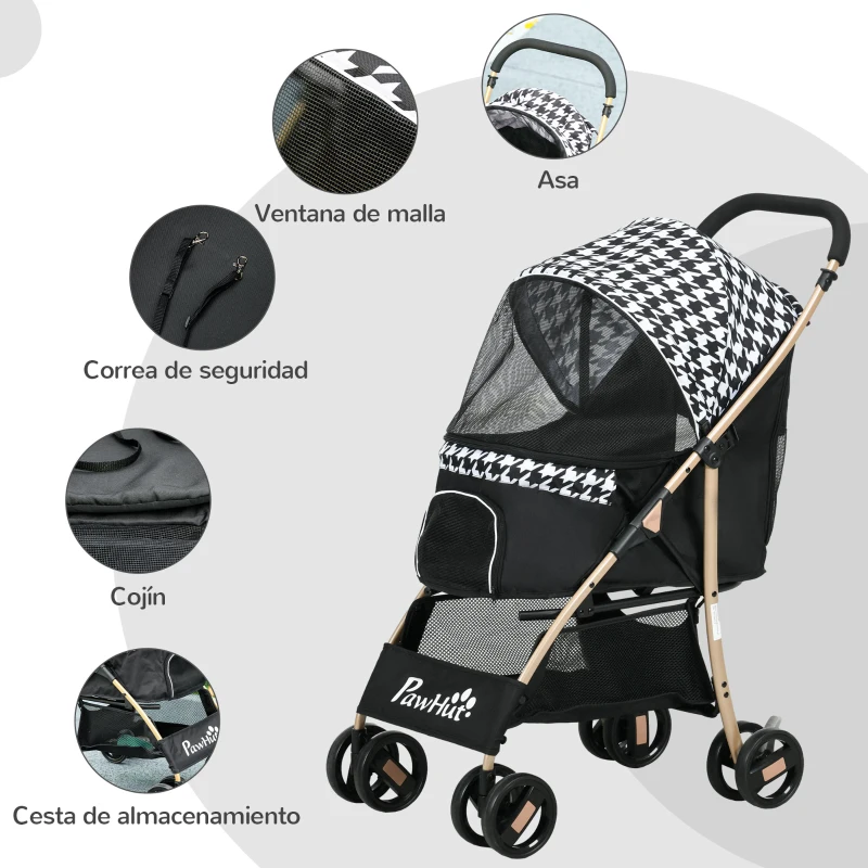 PawHut Carrito para Mascotas con 2 Puertas Ventana de Malla Cesta de Almacenamiento Cuerda de Seguridad 80x44,5x97 cm Negro