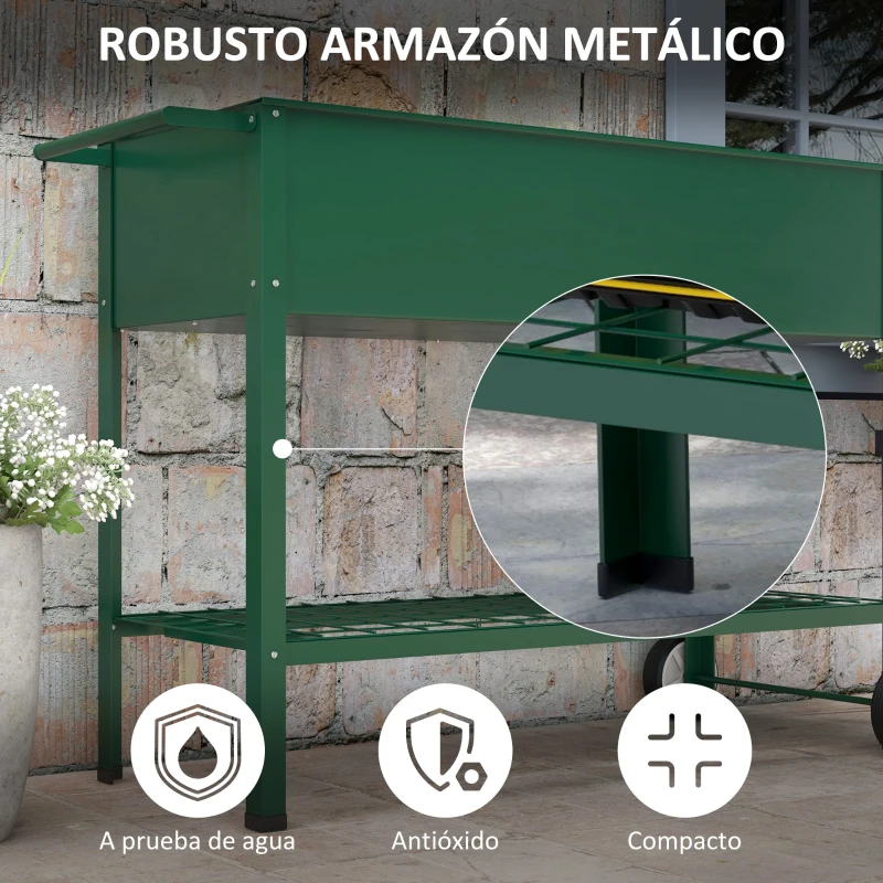 Outsunny Huerto Urbano Elevado 109x44x80 cm con 2 Ruedas Estante y Asa para Cultivo Plantas Flores Verduras Verde