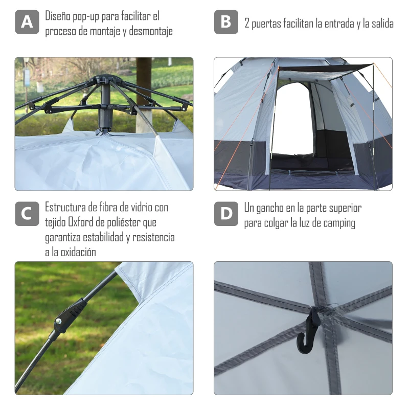 Outsunny Tienda de Camping para 2-3 Personas con 2 Puertas Impermeable Anti-UV Palanca Automática 260x260x150 cm Negro y Gris