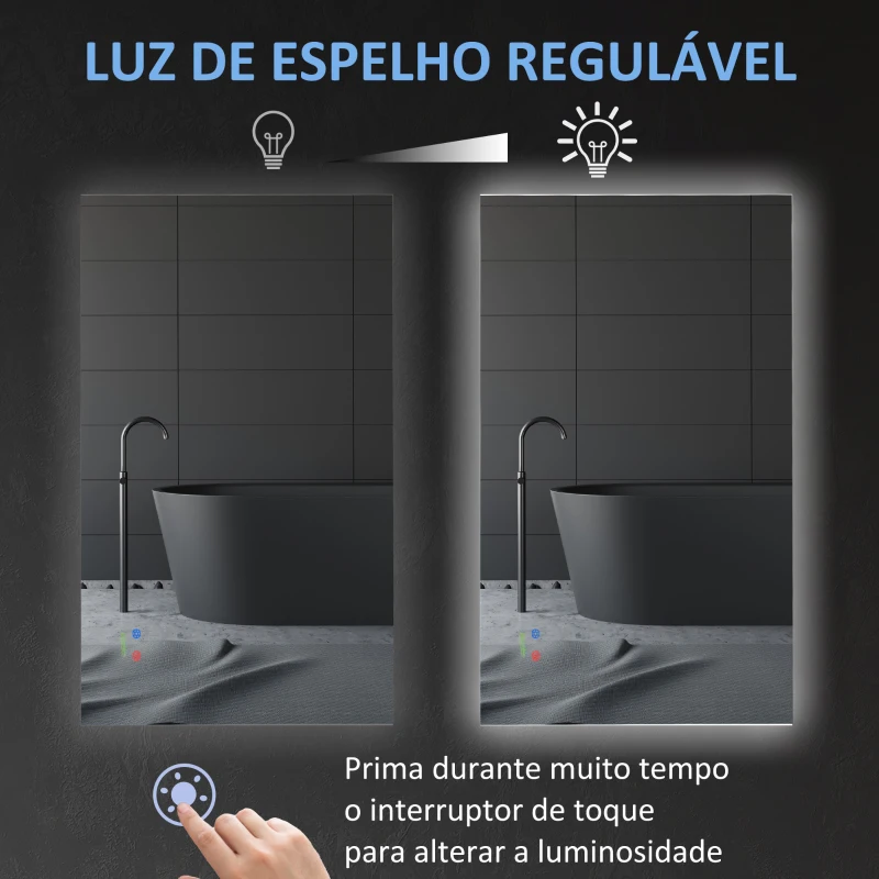 kleankin Espelho de Casa de Banho com Luz LED Anti-Embaciamento Interruptor Tátil 3 Luzes Ajustáveis e Função de Memória 90x60cm Prata