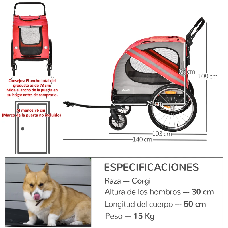 PawHut Remolque de Bicicleta para Perros 2 en 1 con Puertas Enrollables Cinturón de Seguridad Carga 30 kg 140x72,5x108 cm Rojo