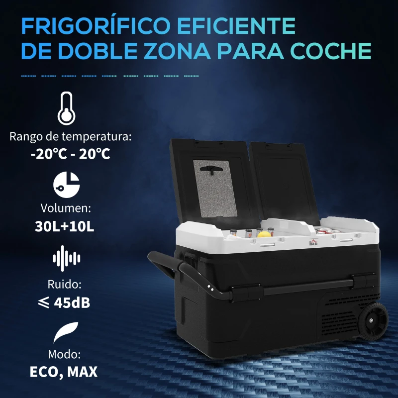 HOMCOM Nevera Portátil 40L con Doble Zona Refrigerador de Coche -20℃-20℃ 12/24V DC y 100-240V AC 80x47,5x46,6cm Negro