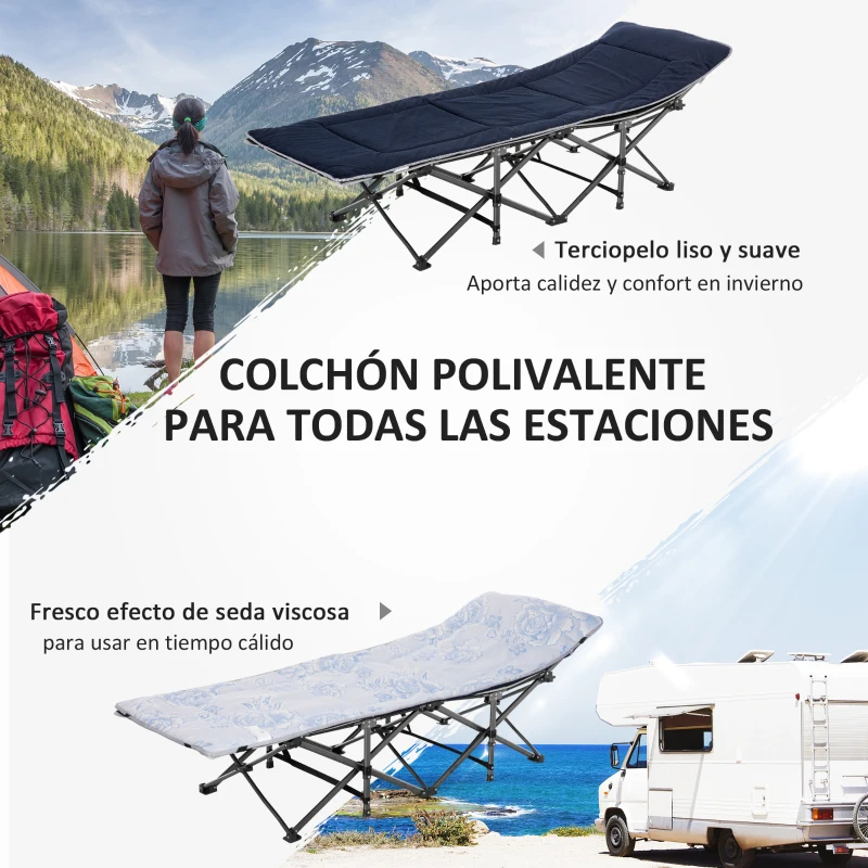 Outsunny Cama de Acampada con Cojín Almohada Bolsillo Bolsa de Transporte y Marco de Acero Carga 150 kg 188x64,5x53 cm Azul