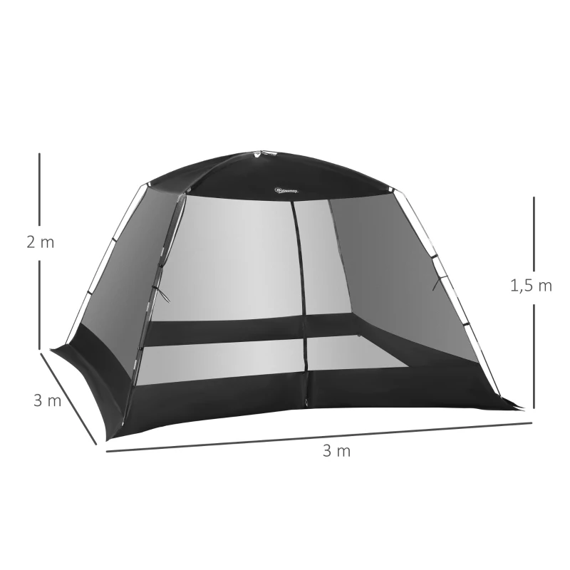Outsunny Carpa de Jardín 3x3x2 m Cenador para 4-6 Personas con 4 Mosquiteras y Puerta Incluye Bolsa de Transporte Negro