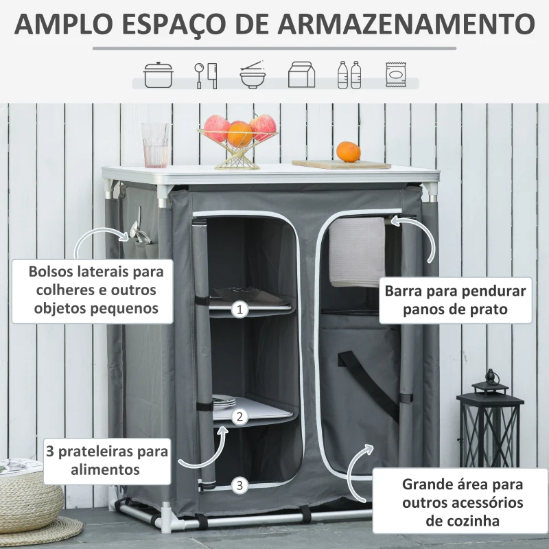 Outsunny Armário de Campismo Dobrável com 3 Prateleiras Compartimento Estrutura de Alumínio e Bolsa de Transporte 96x49,5x104 cm Cinza
