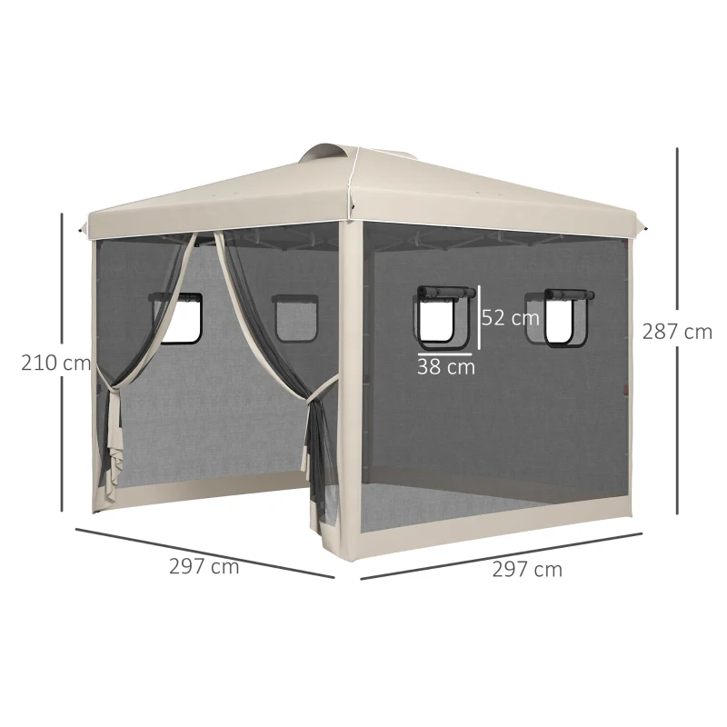 Outsunny Cenador de Jardín 3x3 m con Pared Lateral de Malla 6 Ventanas Altura Ajustable en 3 Niveles Protección Rayos UV30+ Beige