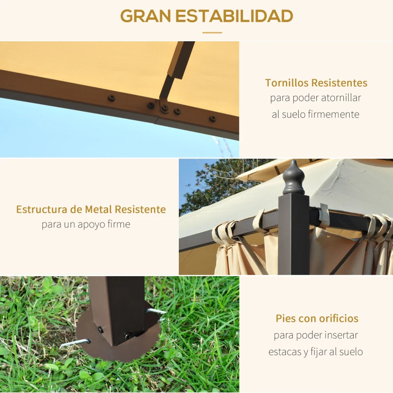 Outsunny Cenador de Jardín 3x3m Gazebo con Doble Techo 4 Cortinas Laterales Mejor Ventilación Exterior Espacioso para Fiesta Eventos Barbacoa Beige