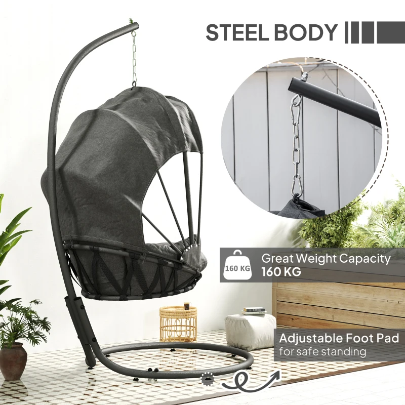 Outsunny Hanging Egg Chair Swing Hammock Chair with Stand, Cushion and Retractable Canopy, for Indoor and Outdoor, Grey