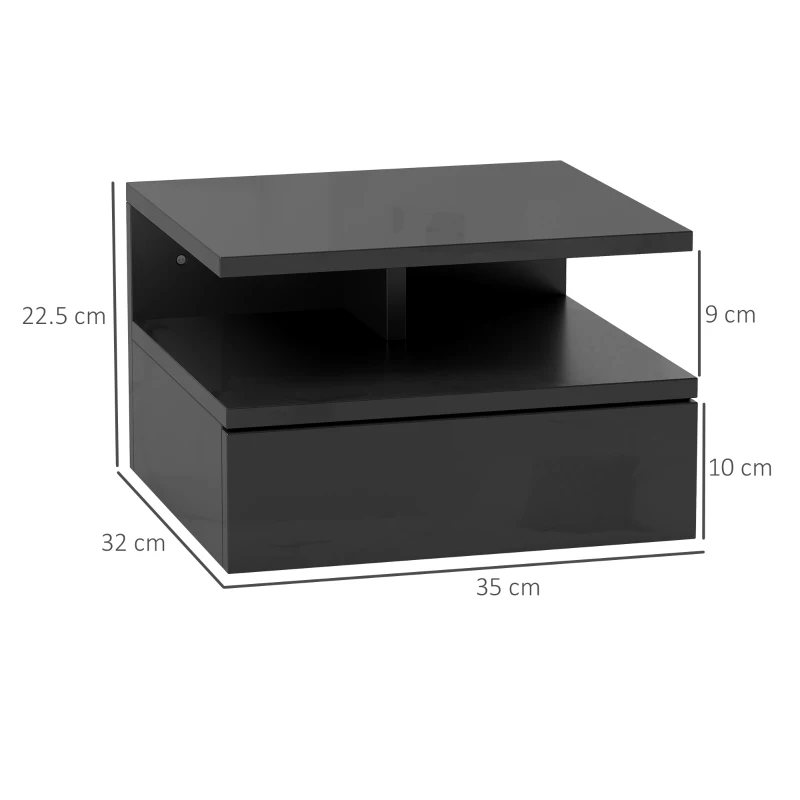 HOMCOM Noptieră Suspendată cu Sertar și Raft Superior din Lemn, 35x32x22,5 cm, Negru