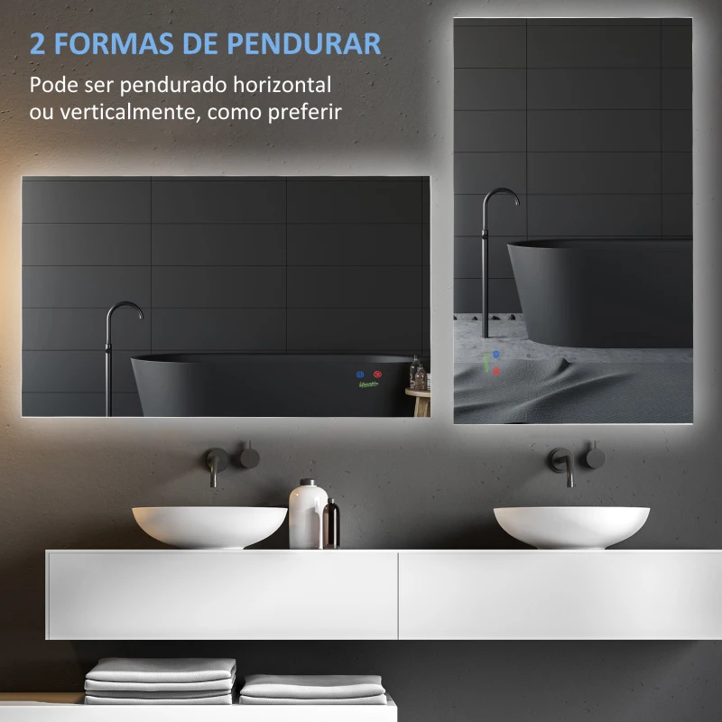 kleankin Espelho de Casa de Banho com Luz LED Anti-Embaciamento Interruptor Tátil 3 Luzes Ajustáveis e Função de Memória 90x60cm Prata