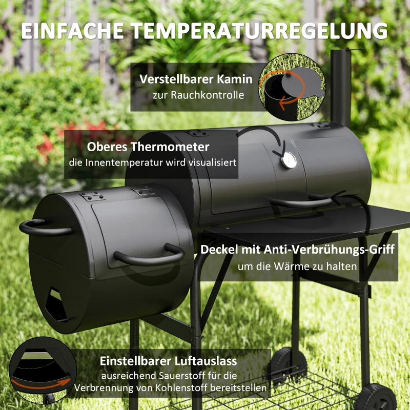 Outsunny Stalen Houtskoolgrill BBQ Smoker met Deksel, Thermometer, Wielen, Luchttoevoer, Kolenbak