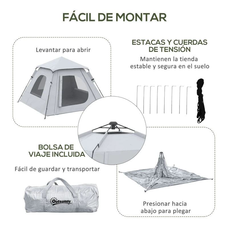 Outsunny Tienda de Camping Pop-up para 2-3 Personas Impermeable 2000 mm con Bolsa de Trasporte 210x210x150 cm Plata