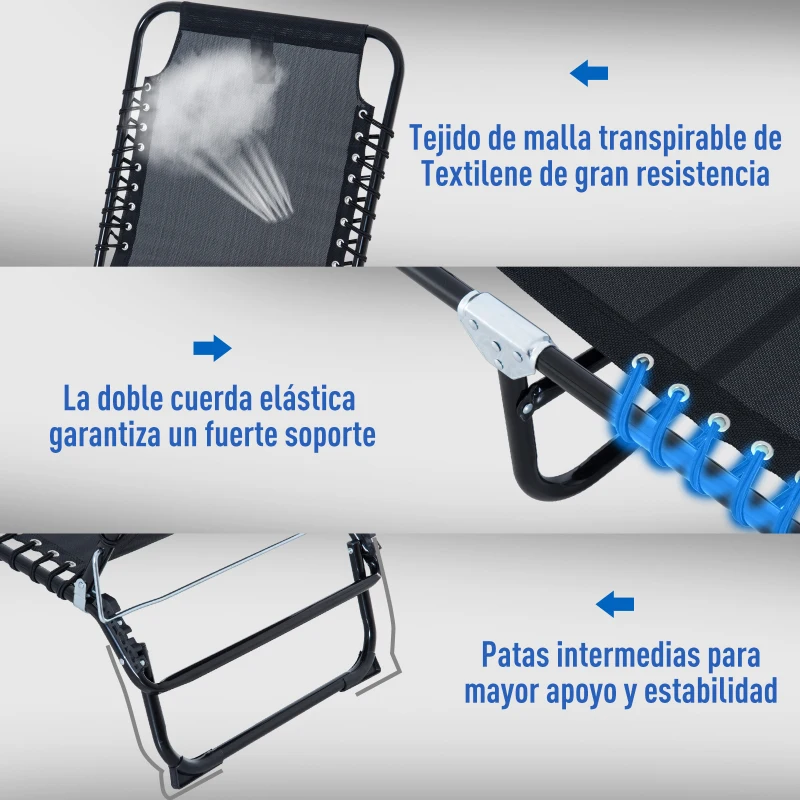 Outsunny Tumbona Plegable Ajustable de 4 Posiciones con Sistema de Cordones para Exterior Marco Acero 189x58x30 cm Negro