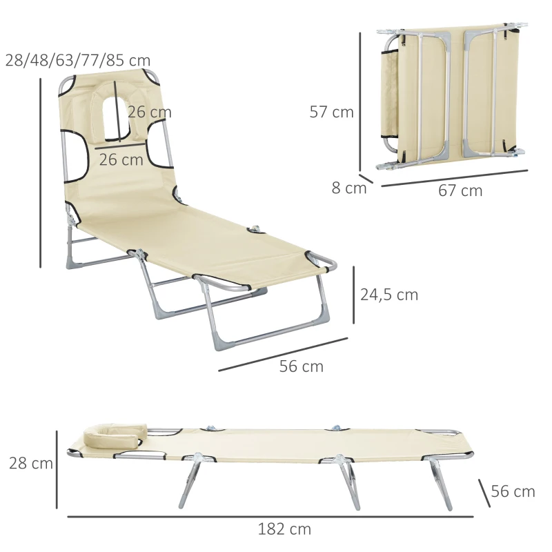 Outsunny Tumbona Reclinable y Plegable de Jardín con Orificio de Lectura Reposacabezas y Respaldo Ajustable en 5 Niveles para Playa 182x56x28 cm Beige