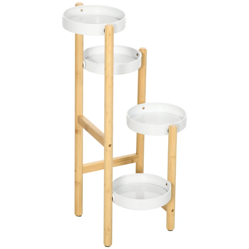 Outsunny Soporte para Plantas con Patas de Bambú y 4 Estantes Metálicos Redondos Carga 20 kg Ø28x80 cm Natural y Blanco