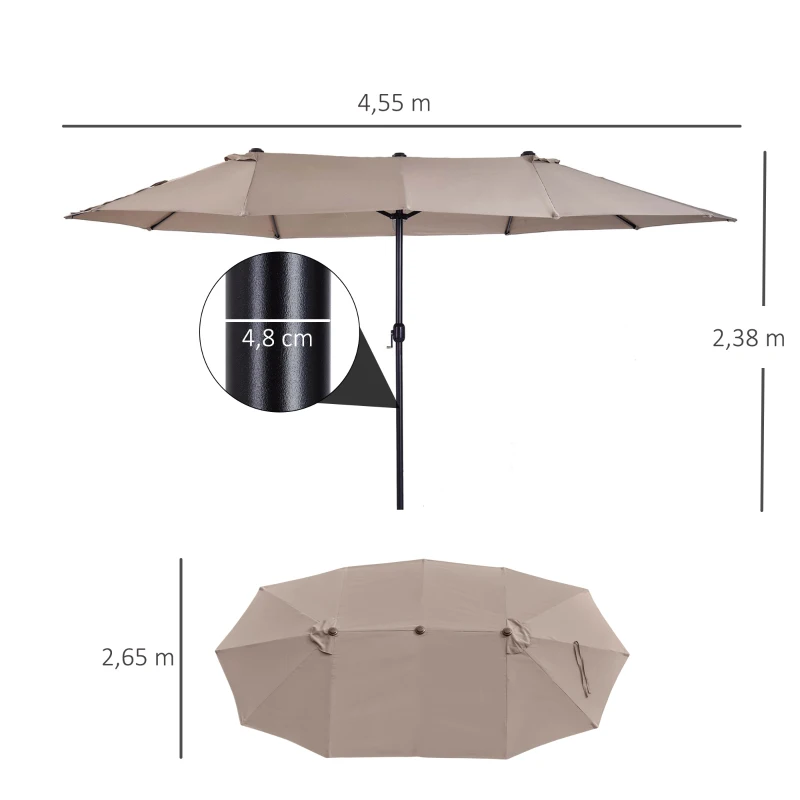 Outsunny Sombrilla Doble para Jardín 455x265x238 cm Parasol Grande con Manivela Manual Protección Solar Color Café