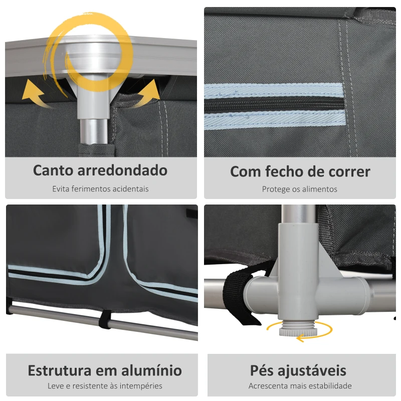 Outsunny Armário de Campismo Dobrável com 3 Prateleiras Compartimento Estrutura de Alumínio e Bolsa de Transporte 96x49,5x104 cm Cinza