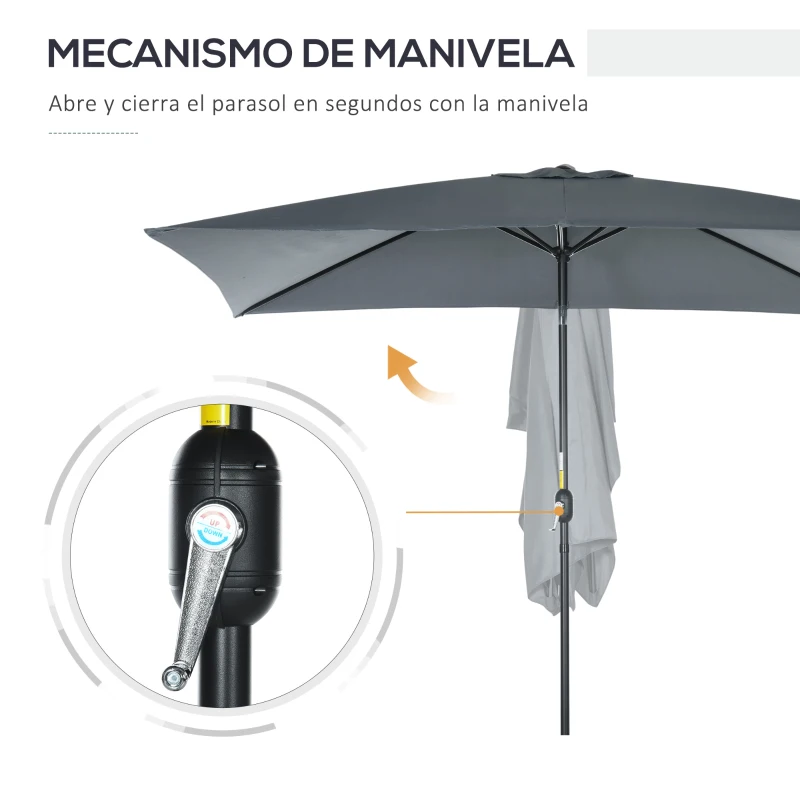Outsunny Sombrilla de Aluminio 200x300x253 cm Parasol Rectangular de Jardín Inclinable con Manivela y Poste Desmontable Gris