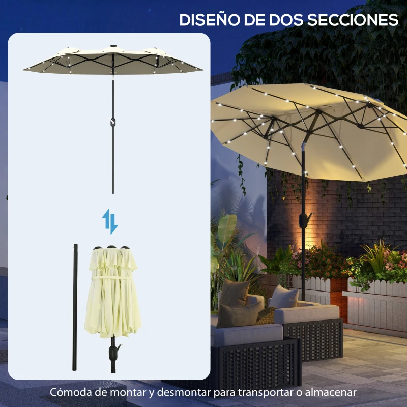 Outsunny Sombrilla Doble con Luces LED 280x146x227 cm Inclinación de 45° Manivela para Terraza Balcón Piscina Color Beige