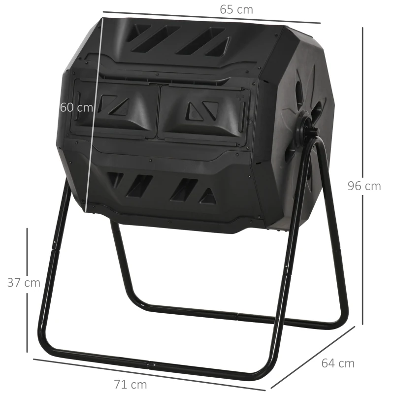 Outsunny Compostador de Tambor Giratorio con Capacidad 160 Litros de Doble Cámara y Ventilación Marco de Acero 71x65x96cm Negro