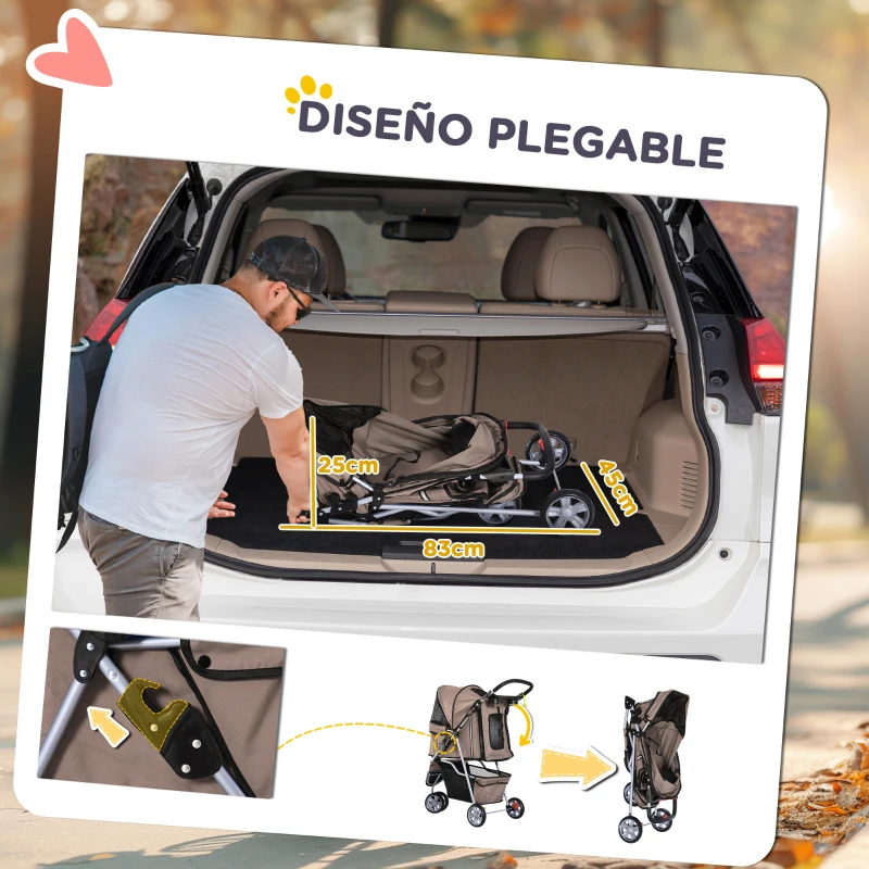 PawHut Carrito para Perros Pequeños con Cesta de Almacenaje Ventanas de Malla y 2 Ruedas Universales 75x45x97 cm Café