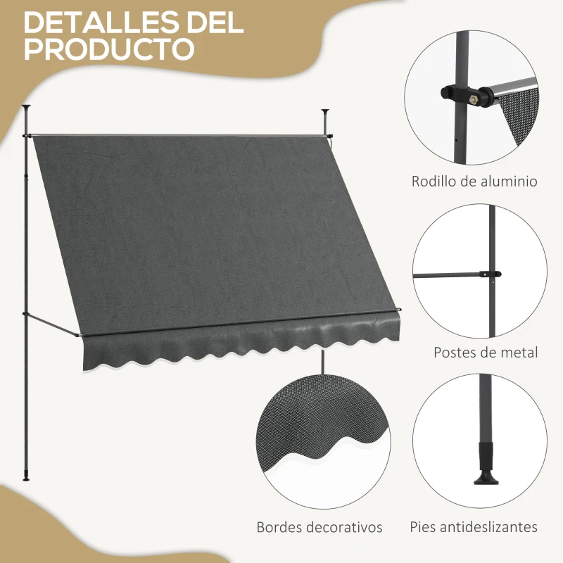 Outsunny Toldo Manual Retráctil para Balcón 300x120x210-300 cm con Manivela Altura Ajustable Impermeable y Anti-UV Gris Oscuro