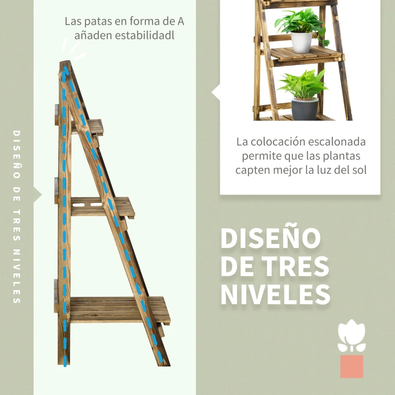 Outsunny Soporte para Plantas de Madera de 3 Niveles Estantería para Plantas Plegable Soporte para Macetas 40x37x93 cm Natural
