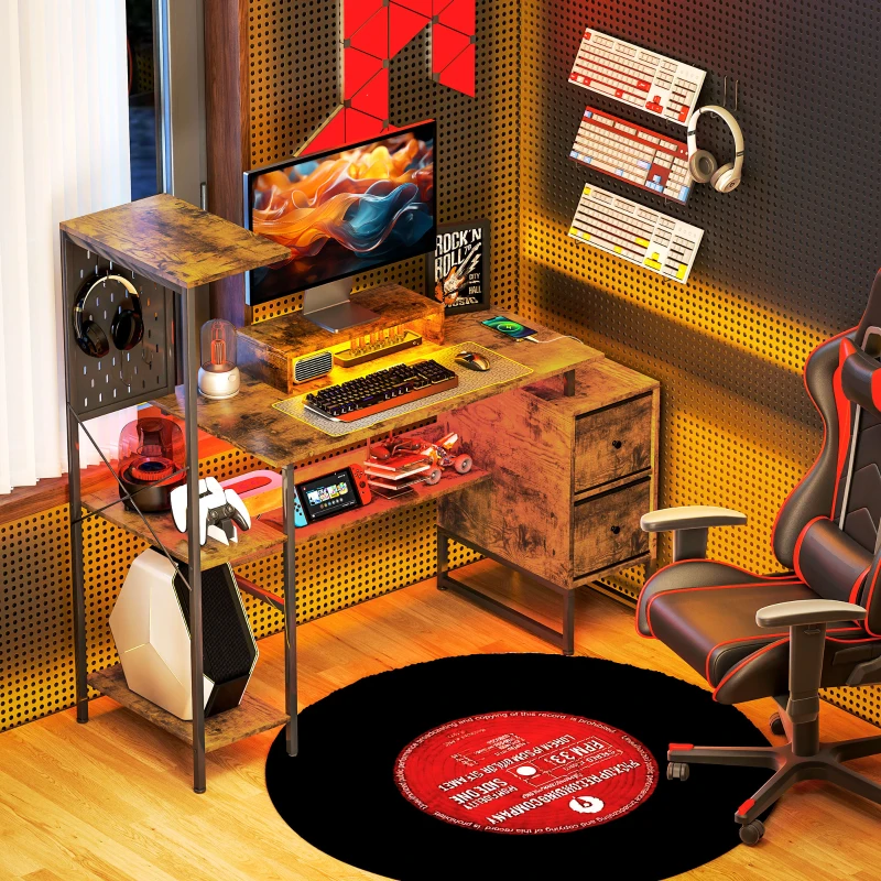 HOMCOM Secretária Estilo Industrial com Luzes LED Estação de Carga Suporte para Monitor Controlo Remoto 142x50x126,5 cm Castanho Rústico